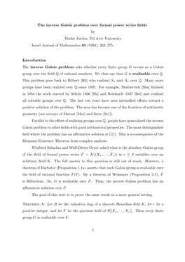 The Inverse Galois Problem Over Formal Power Series Fields by Moshe Jarden, Tel Aviv University Israel Journal of Mathematics 85