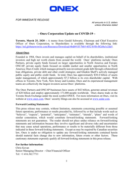 – Onex Corporation Update on COVID-19 –