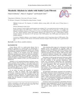 Metabolic Alkalosis in Adults with Stable Cystic Fibrosis Fahad Al-Ghimlas*,1, Marie E