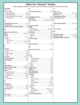 Index for “Interior” Section Click on Page Numbers to the Right of the Description to Jump You to That Specific Page