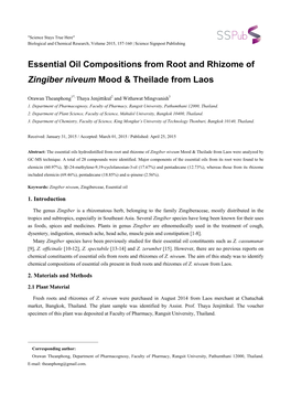Essential Oil Compositions from Root and Rhizome of Zingiber Niveum Mood & Theilade from Laos