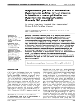 Dysgonomonas Gen. Nov. to Accommodate Dysgonomonas Gadei Sp. Nov., an Organism Isolated from a Human Gall Bladder, and Dysgonomo