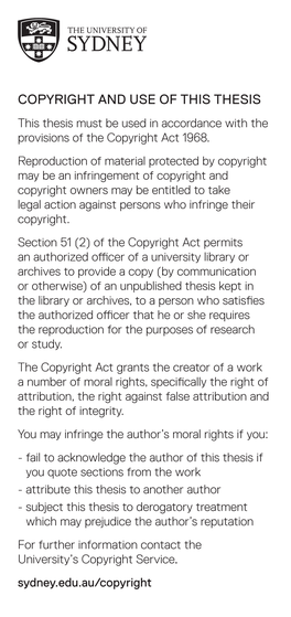 Copyright and Use of This Thesis This Thesis Must Be Used in Accordance with the Provisions of the Copyright Act 1968