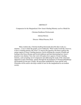 ABSTRACT Compassion for the Marginalized: How Jesus's Healing Ministry Can Be a Model for Christian Healthcare Professionals