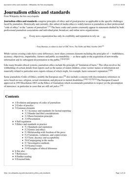 Journalism Ethics and Standards - Wikipedia, the Free Encyclopedia 2/27/12 19:58 Journalism Ethics and Standards from Wikipedia, the Free Encyclopedia