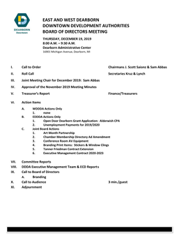 East and West Dearborn Downtown Development Authorities Board of Directors Meeting Thursday, December 19, 2019 8:00 A.M