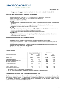 Interim Results for the Six Months Ended 31 October 2013 Delivering