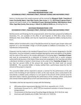 Notice to Bidders 2019 Road Program-Phase 1 for Kechemeche Street, Pakahake Street, Pontaxit Avenue and Mathemek Street