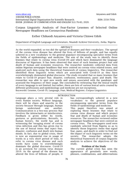 Corpus Linguistic Analysis of Fear-Factor Lexemes of Selected Online Newspaper Headlines on Coronavirus Pandemic