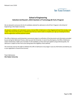 School of Engineering Selection List 2019