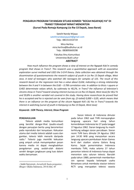 PENGARUH PROGRAM TAYANGAN SITUASI KOMEDI “BOCAH NGAPA(K) YA” DI TRANS7 TERHADAP MINAT MENONTON (Survei Pada Remaja Kampung Lio Rw 13 Depok, Jawa Barat)