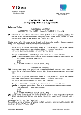 Questionario Quotidiani Audipress 1° Ciclo 2012 Pag