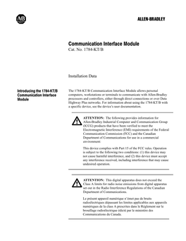 1784-2.31, Communication Interface Module, Installation Data