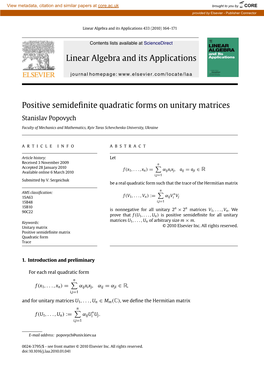 Positive Semidefinite Quadratic Forms on Unitary Matrices