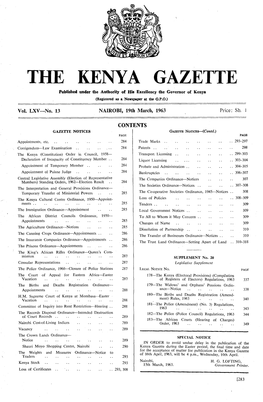 THE KENYA GAZETTE Published Under the Authority of Hia Excellency the Governor of Kenya (Registend As a Newspaper at the G.P.03