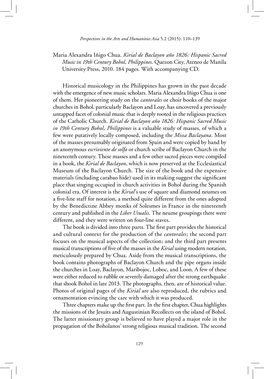 Maria Alexandra Iñigo Chua. Kirial De Baclayon Año 1826: Hispanic Sacred Music in 19Th Century Bohol, Philippines