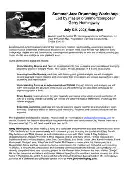 Summer Jazz Drumming Workshop Led by Master Drummer/Composer Gerry Hemingway