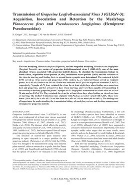 Transmission of Grapevine Leafroll-Associated Virus 3 (Glrav-3): Acquisition, Inoculation and Retention by the Mealybugs Planococcus Ficus and Pseudococcus Longispinus (Hemiptera