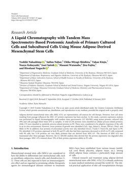 Research Article a Liquid Chromatography with Tandem Mass Spectrometry-Based Proteomic Analysis of Primary Cultured Cells and Subcultured Cells Using Mouse Adipose-Derived