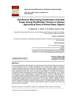 Net Returns Maximizing Combination of Arable Crops Among Smallholder Farmers in Kaiama Agricultural Zone of Kwara State, Nigeria