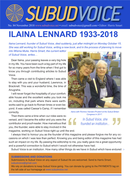 ILAINA LENNARD 1933-2018 Ilaina Lennard, Founder of Subud Voice, Died Suddenly, Just After Midnight on Monday October 15