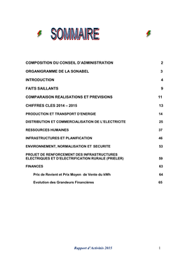 Rapport D'activités 2015 1 COMPOSITION DU CONSEIL D'administration 2 ORGANIGRAMME DE LA SONABEL 3 INTRODUC