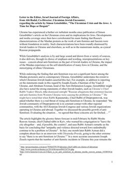 1 Letter to the Editor, Israel Journal of Foreign Affairs, from Alti Rodal, Co-Director, Ukrainian Jewish Encounter, Regarding