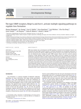 The Type I BMP Receptors, Bmpr1a and Acvr1, Activate Multiple Signaling Pathways to Regulate Lens Formation