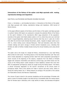 Interactions of the Fishery of the Spider Crab Maja Squinado with Mating, Reproductive Biology and Migrations