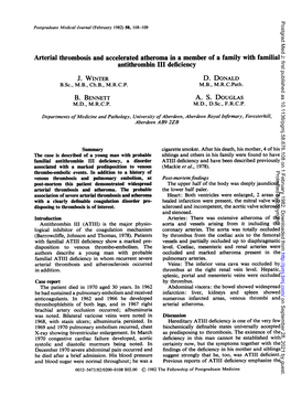 Arterial Thrombosis and Accelerated Atheroma in a Member of a Family with Familial Antithrombin III Deficiency J