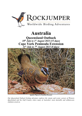 Australia Queensland Outback 18Th July to 1St August 2023 (15 Days) Cape York Peninsula Extension 31St July to 7Th August 2023 (8 Days)