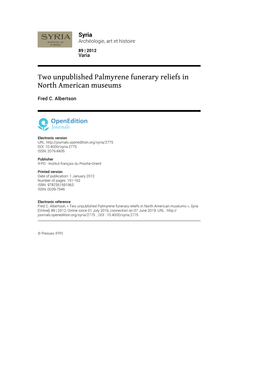 Two Unpublished Palmyrene Funerary Reliefs in North American Museums