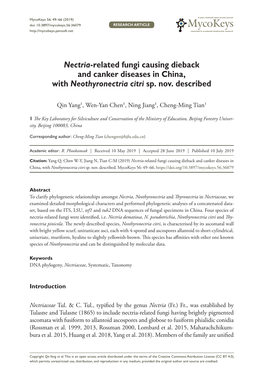 Nectria-Related Fungi Causing Dieback and Canker Diseases in China, with Neothyronectria Citri Sp