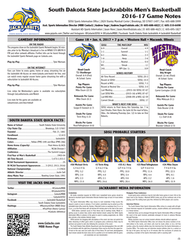 South Dakota State Jackrabbits Men's Basketball 2016-17 Game Notes