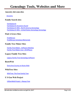 Genealogy Tools, Websites and More