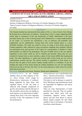 [Gamlath G.R.R.S. Et Al : a Survey on Usage of Kola Kanda (Herbal Gruel) Among Sri Lankan Population]