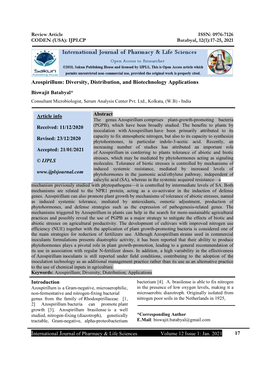 Azospirillum: Diversity, Distribution, and Biotechnology Applications Biswajit Batabyal* Consultant Microbiologist, Serum Analysis Center Pvt