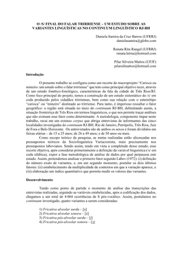 Final Do Falar Trirriense – Um Estudo Sobre As Variantes Linguísticas No Continuum Linguístico Rj-Bh