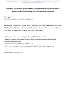 Intra-Host Variability in Global SARS-Cov-2 Genomes As Signatures of RNA Editing: Implications in Viral and Host Response Outcomes