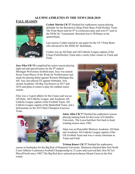 Alumni Athletes in the News 2018-2019 Fall Season