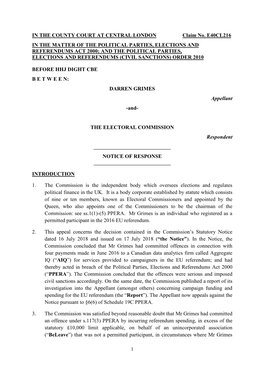 IN the COUNTY COURT at CENTRAL LONDON Claim No. E40CL216 in the MATTER of the POLITICAL PARTIES, ELECTIONS and REFERENDUMS ACT 2