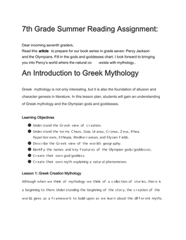 Summer Reading an Introduction to Greek Mythology