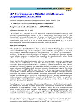 CFP, New Dimensions of Migration in Southeast Asia (Proposed Panel for AAS 2020)