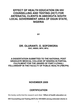 Effect of Health Education on Hiv Counselling and Testing (Hct) for Antenatal Clients in Abeokuta South Local Government Area of Ogun State, Nigeria