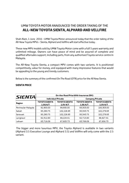 All-New Toyota Sienta, Alphard and Vellfire