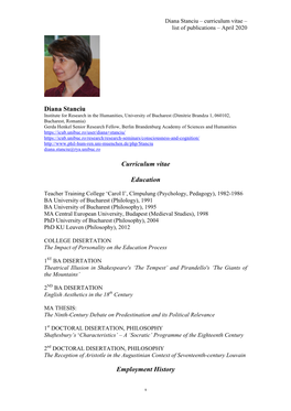 Diana Stanciu Curriculum Vitae Education Employment History