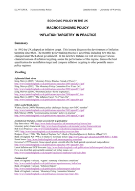 MACROECONOMIC POLICY 'INFLATION TARGETRY' in PRACTICE Summary Reading
