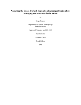 Narrating the Greco-Turkish Population Exchange: Stories About Belonging and Otherness in the Nation