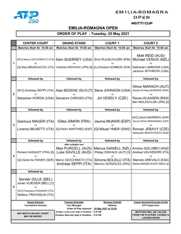 EMILIA-ROMAGNA OPEN ORDER of PLAY - Tuesday, 25 May 2021