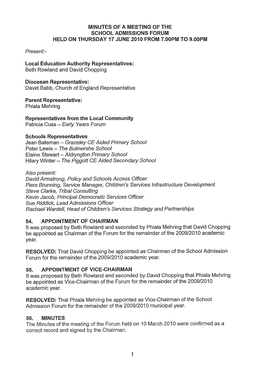 Minutes of a Meeting of the School Admissions Forum Held on Thursday 17 June 2010 from 7.00Pm to 9.00Pm